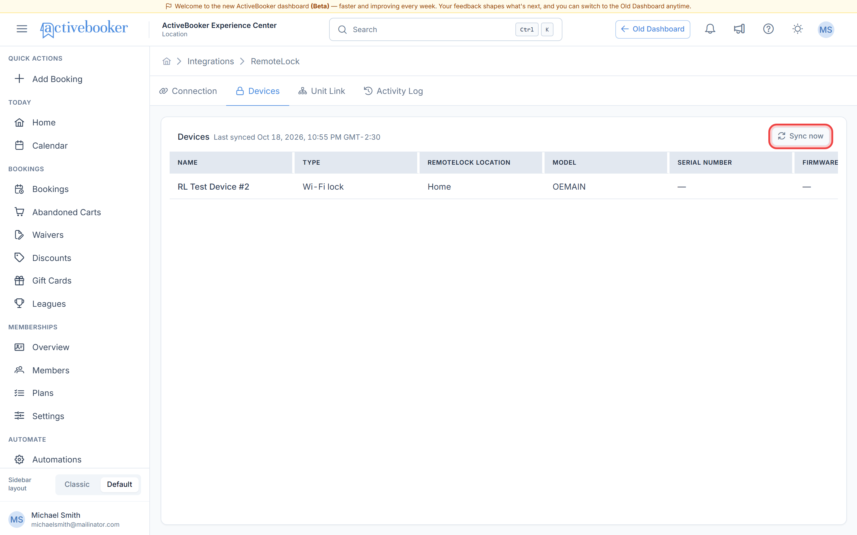 Devices tab listing locks synced from RemoteLock
