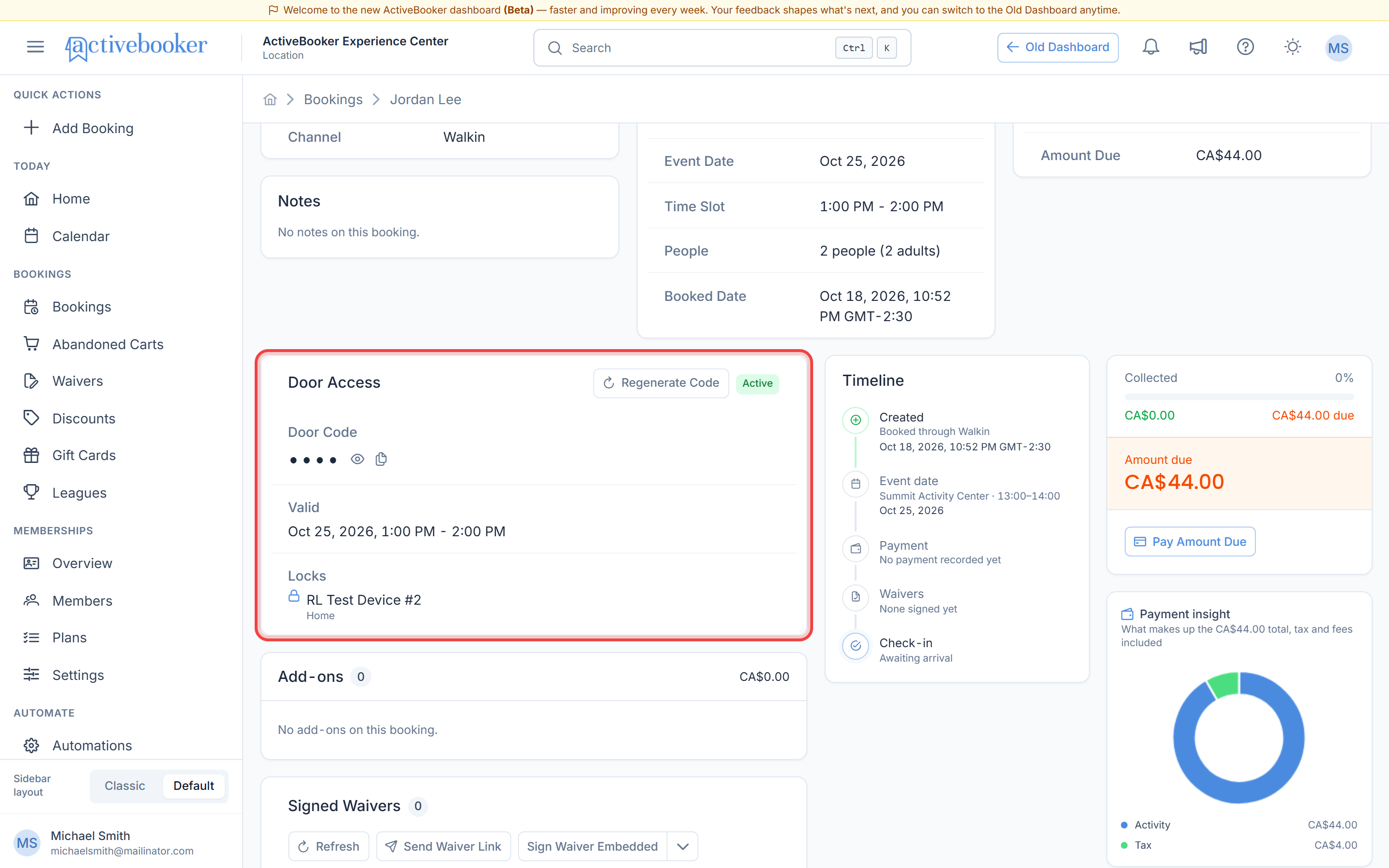 Door Access card on the booking detail page