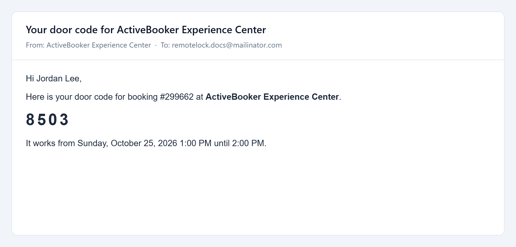Door code email sent to the guest