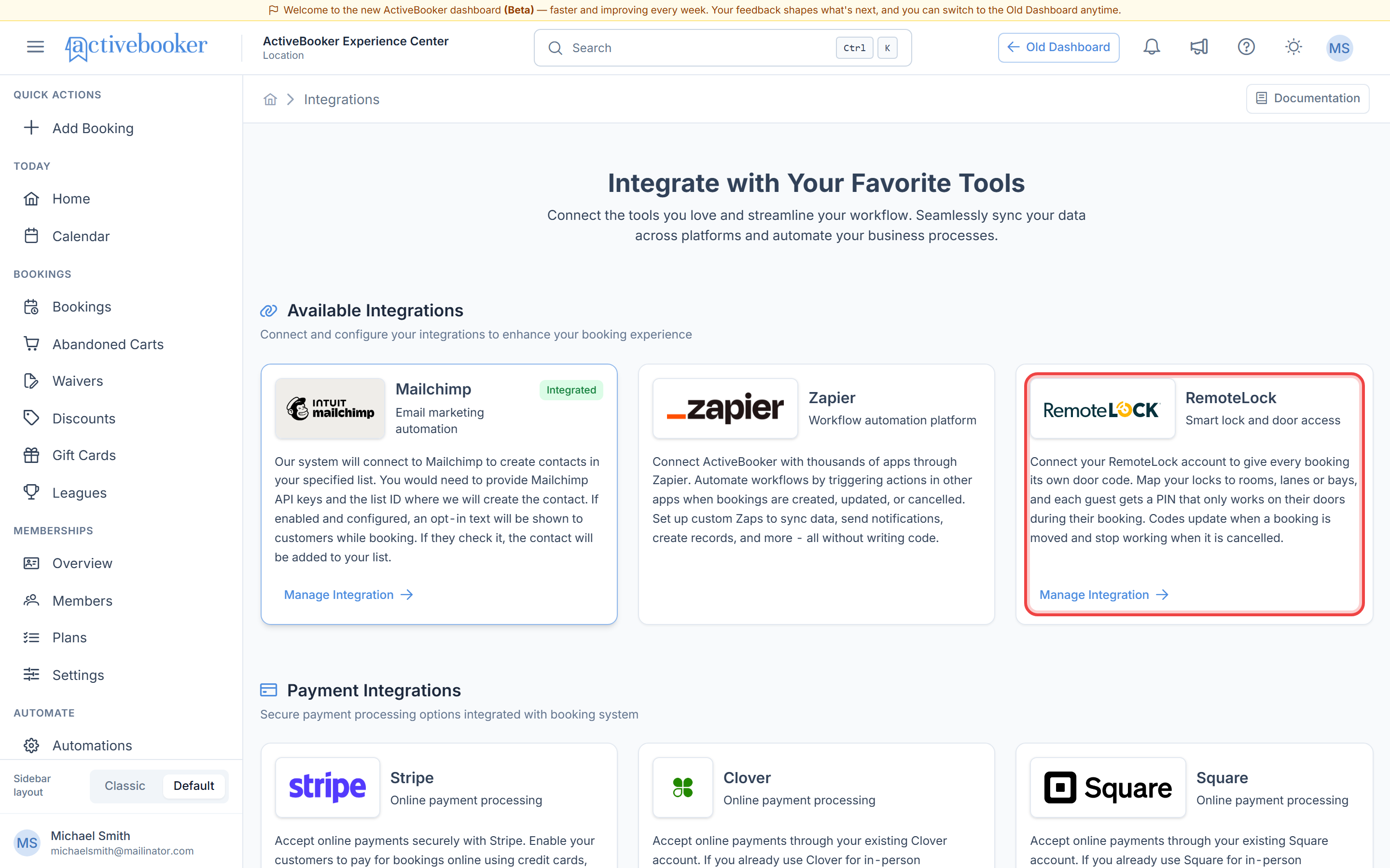 RemoteLock card on the Integrations page