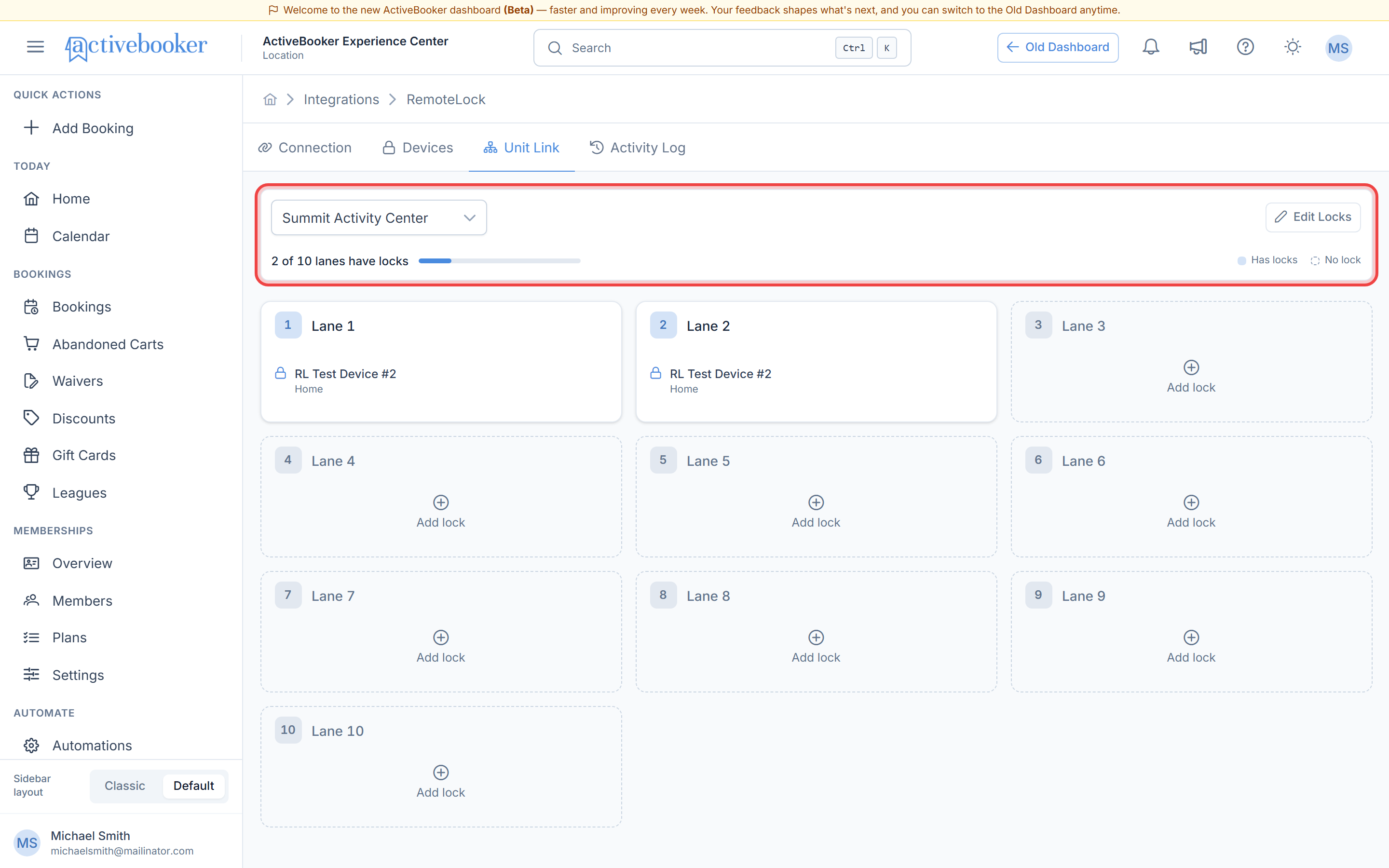 Unit Link tab with a card for each unit of the selected activity