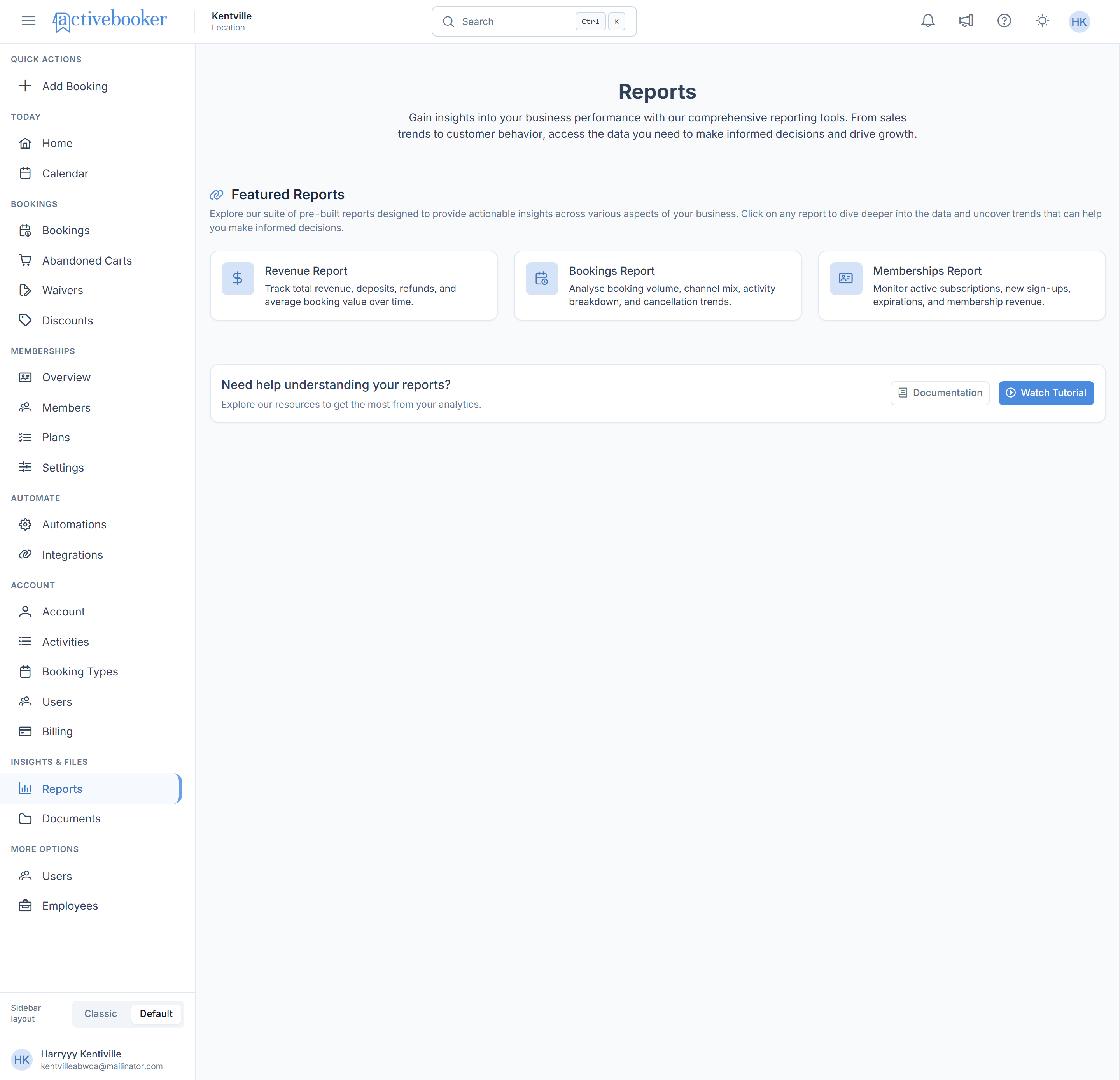 Reports page with the Revenue, Bookings, and Memberships report cards