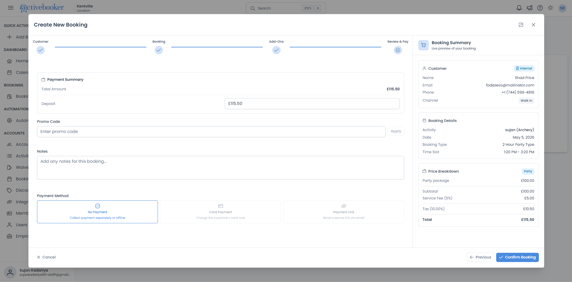 Review & Pay step showing Payment Summary, Promo Code, Notes, Payment Method, and Booking Summary panel