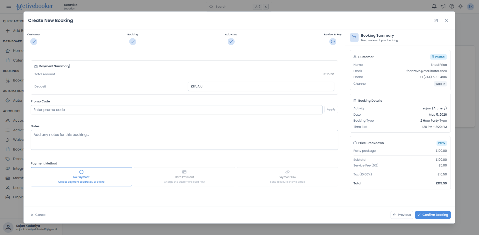 Payment Summary on the Review &amp; Pay step showing total amount and deposit fields