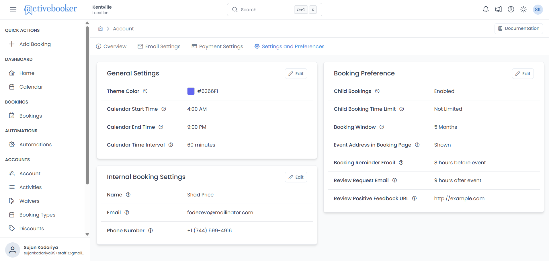 Account Settings and Preferences page showing General Settings, Booking Preference, and Internal Booking Settings sections