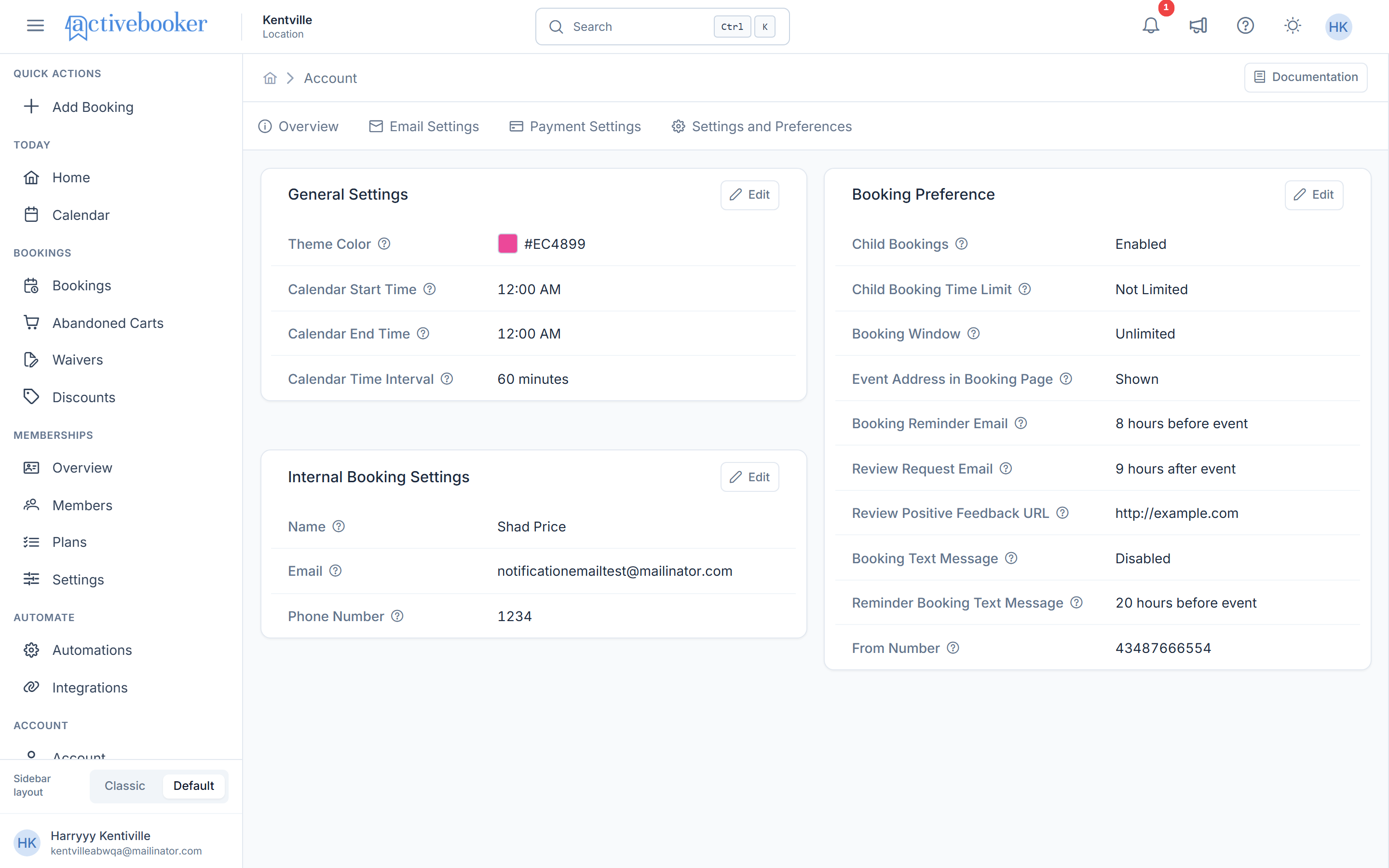 Account Settings and Preferences page showing General Settings, Booking Preference, and Internal Booking Settings sections