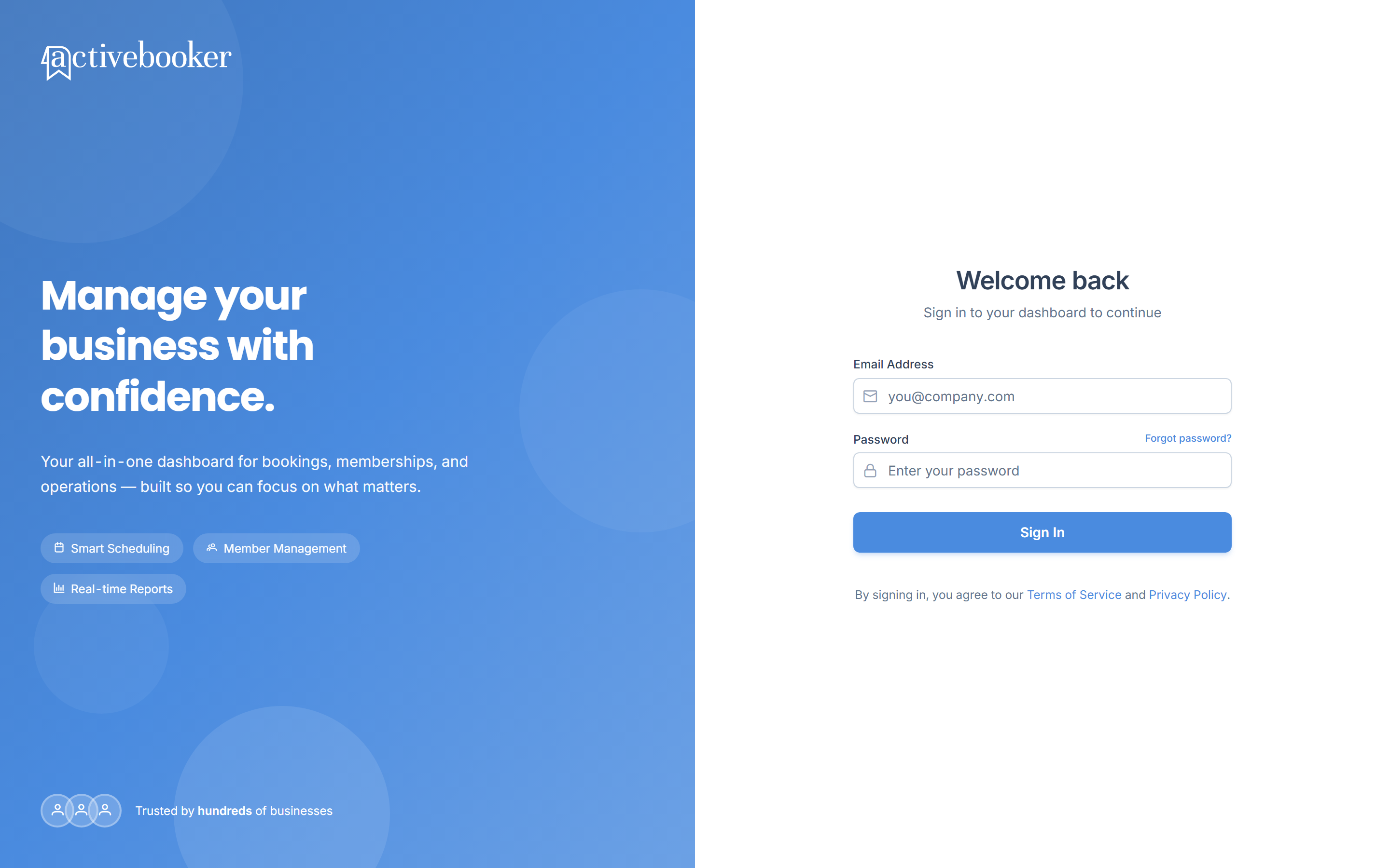 ActiveBooker sign-in page with email and password fields