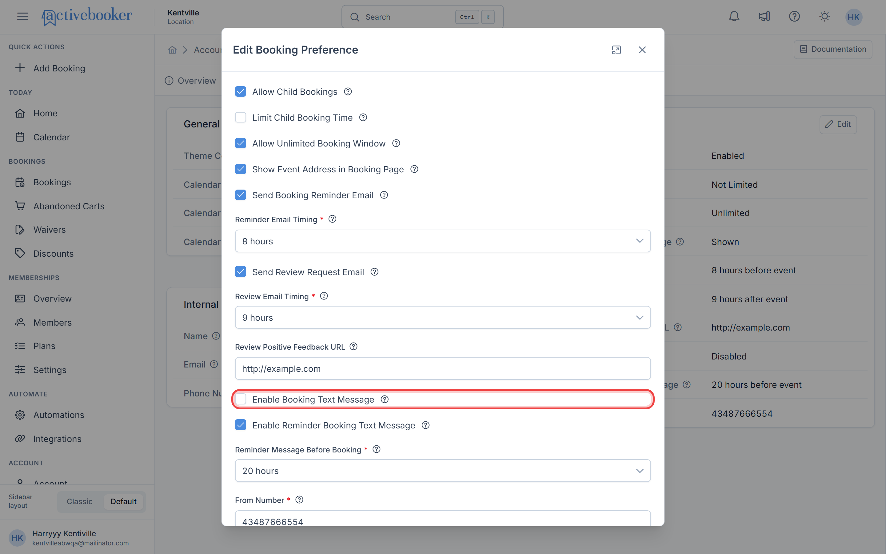 Edit modal showing SMS settings fields