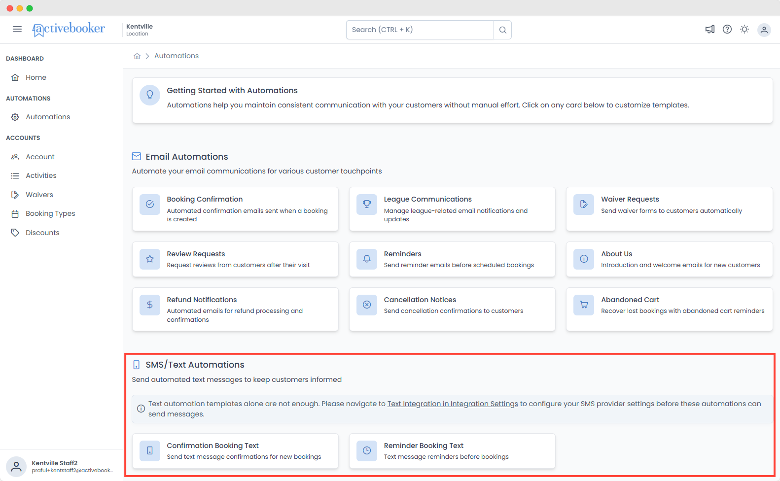 SMS Text Automations Section