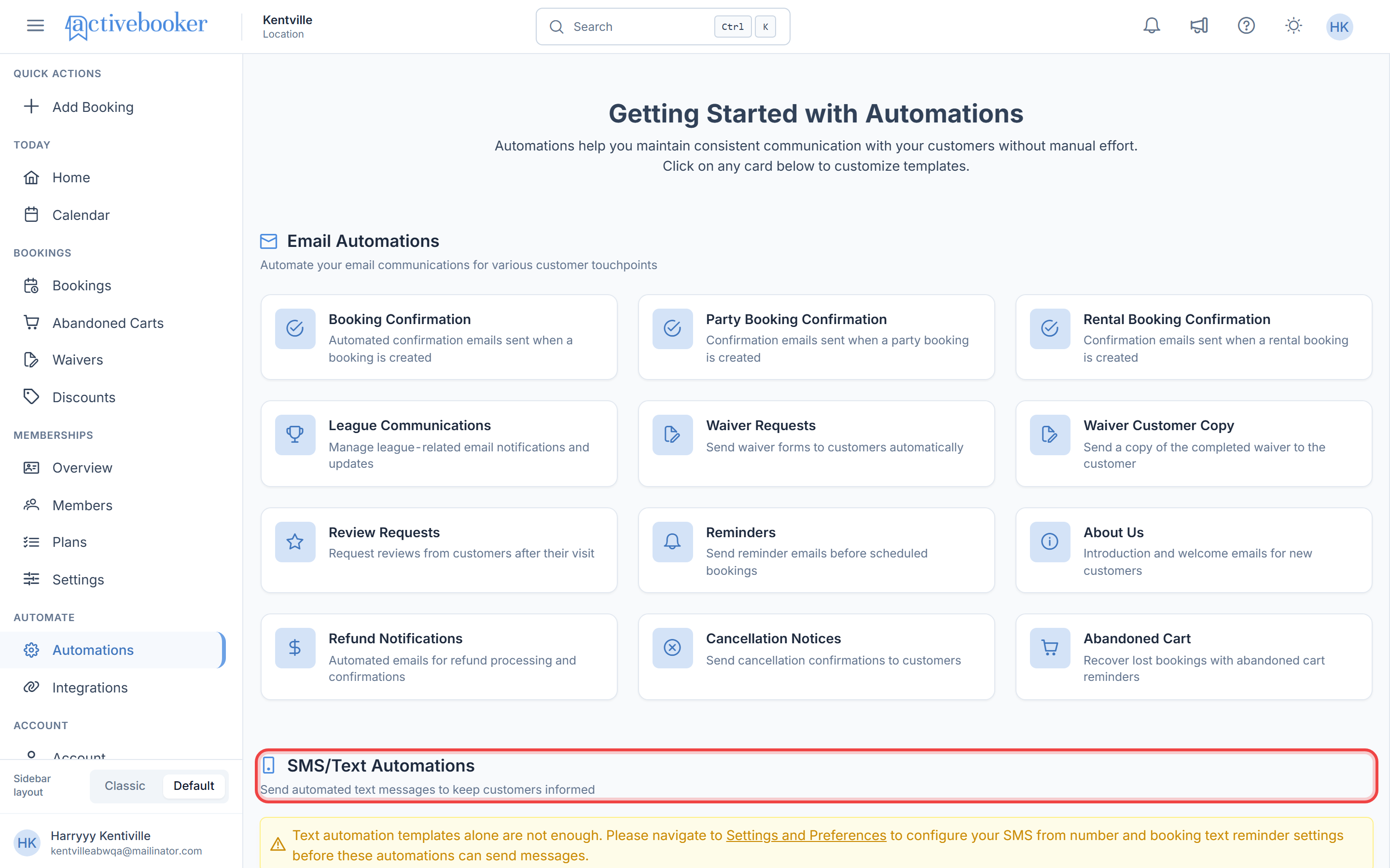 SMS Text Automations Section