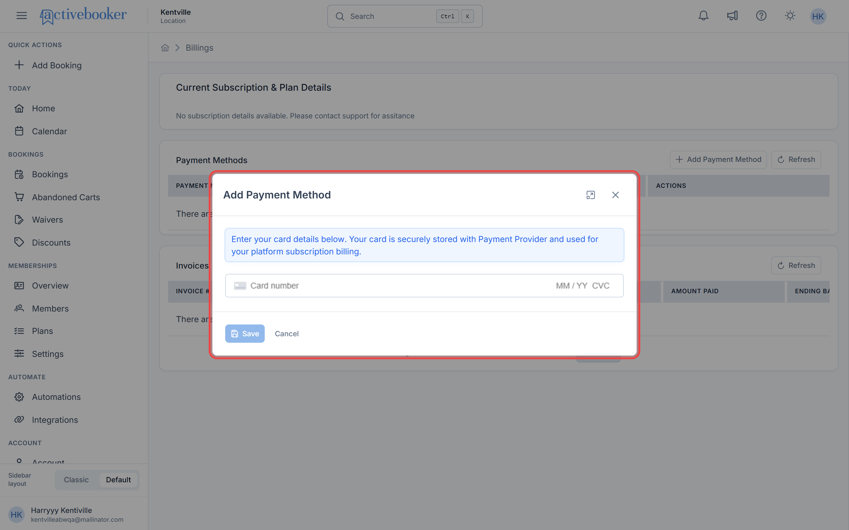 Add Payment Method dialog for entering a card