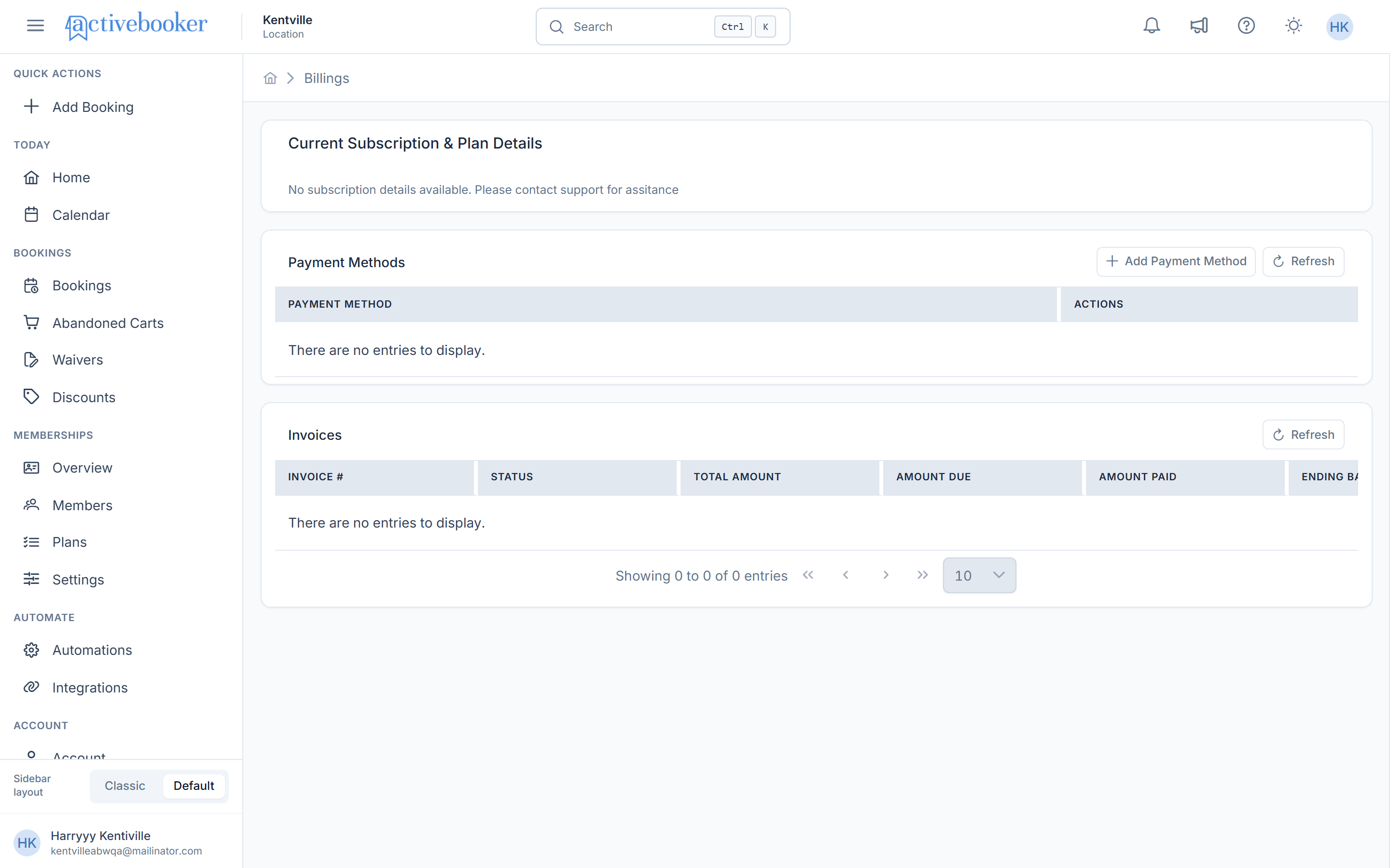 Plan & Billing page showing Current Subscription & Plan Details, Payment Methods, and Invoices