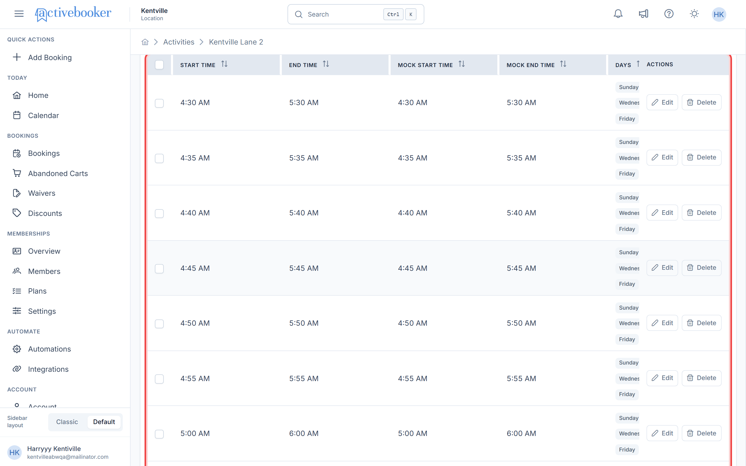 Time slots grid showing Start Time, End Time, Days, and Status columns