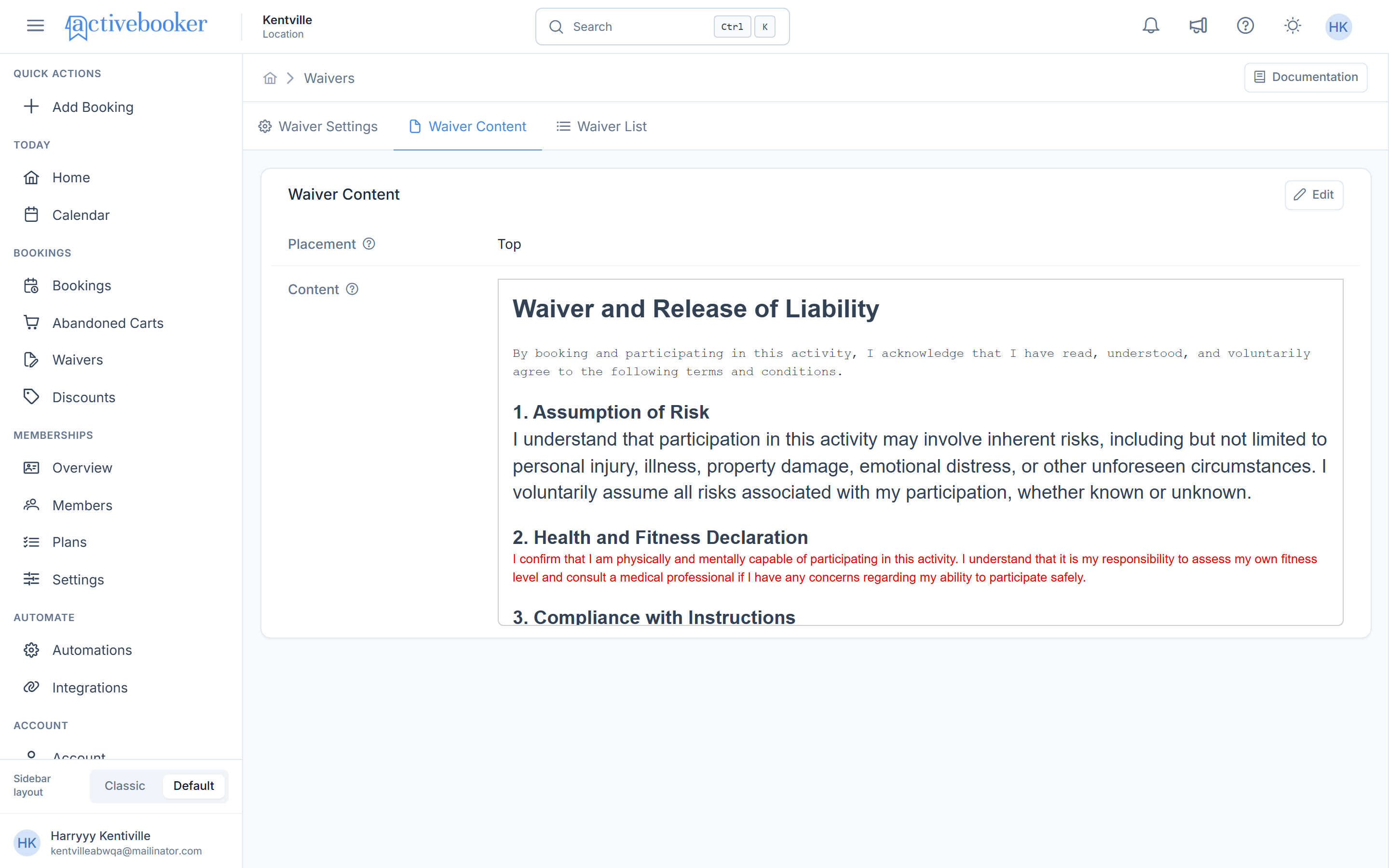 Waiver Content tab showing the placement setting and content preview