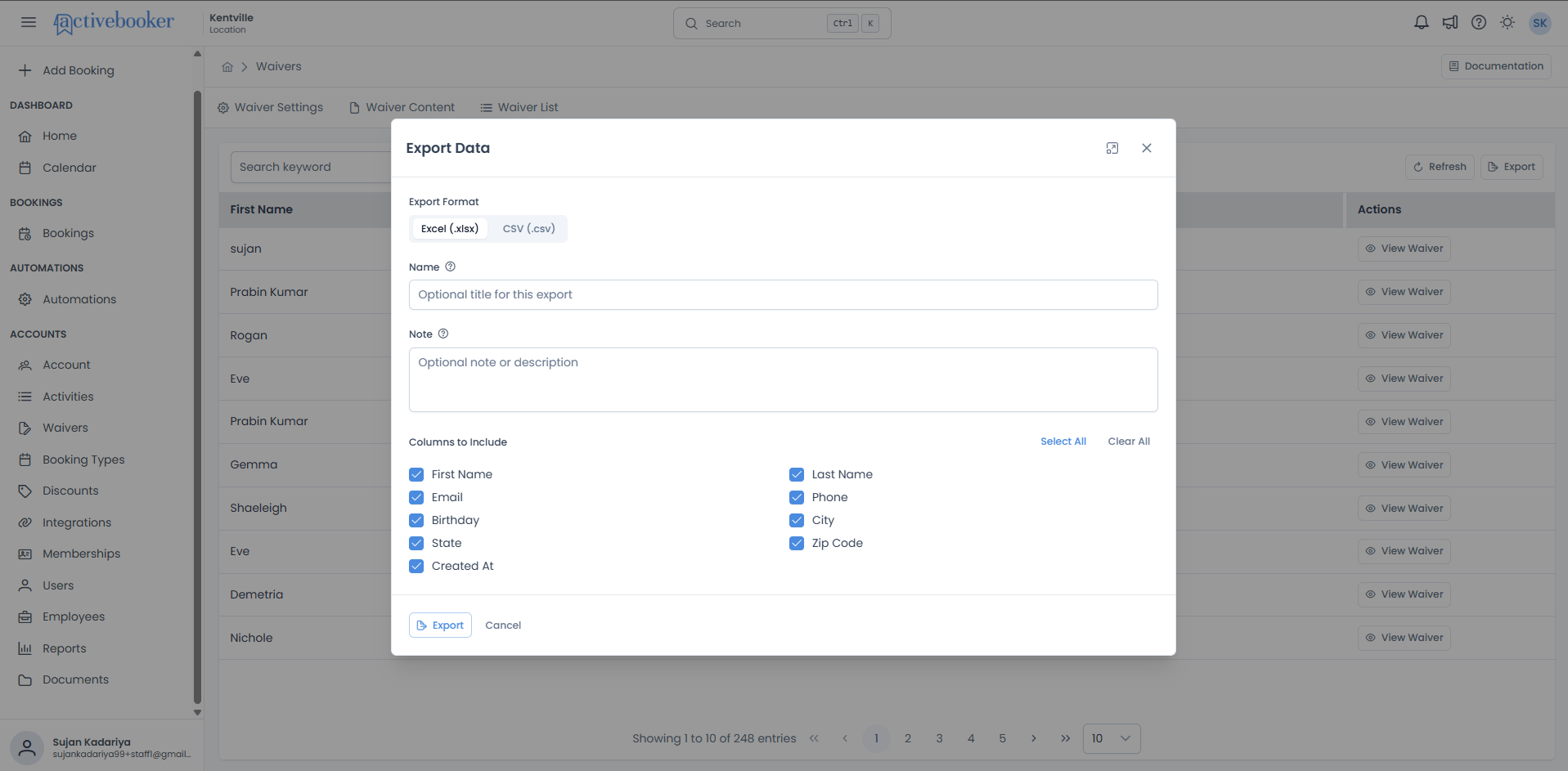 Export Data modal for Waivers showing format selection and column options