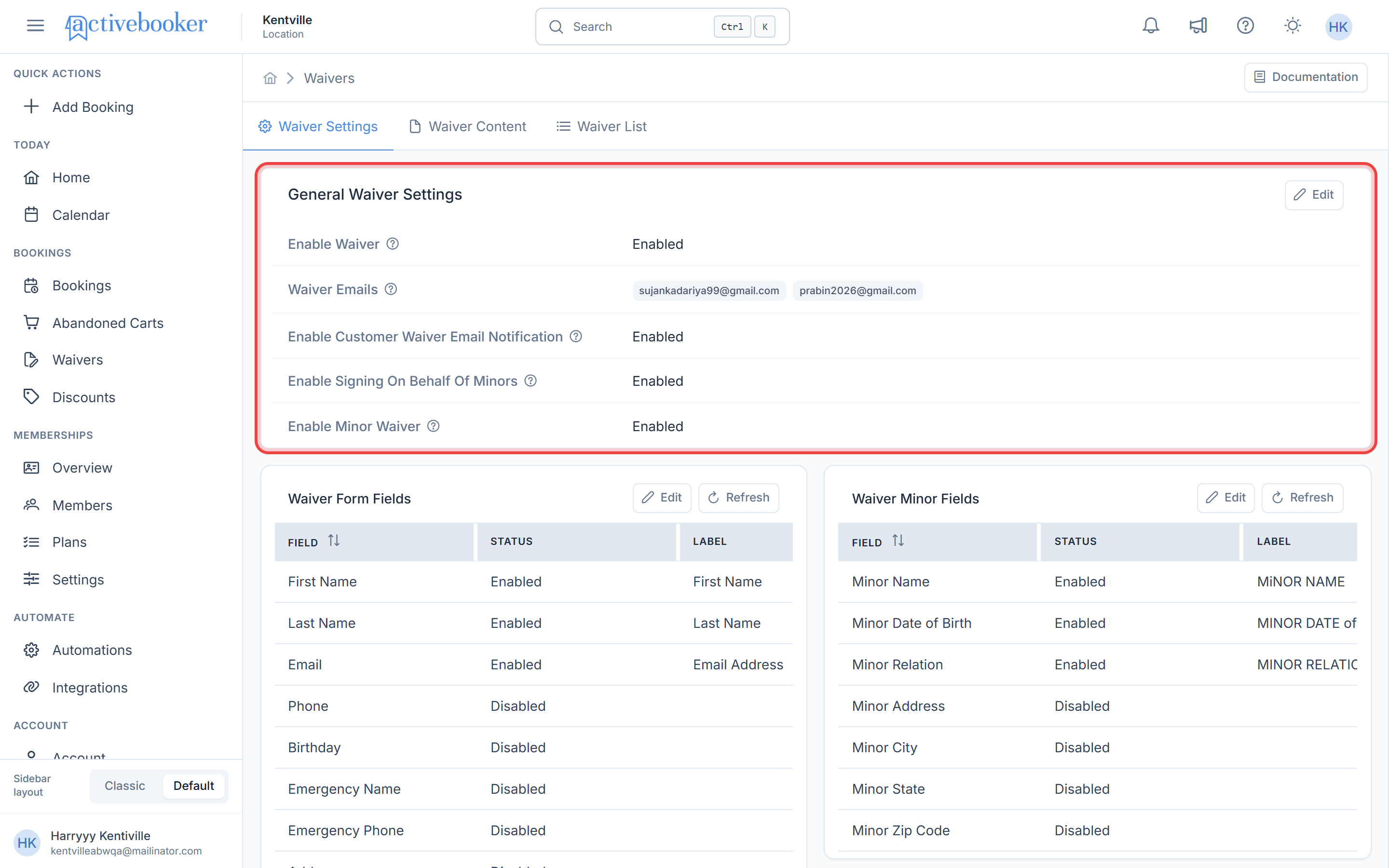 Waiver Settings tab with the General Waiver Settings section highlighted