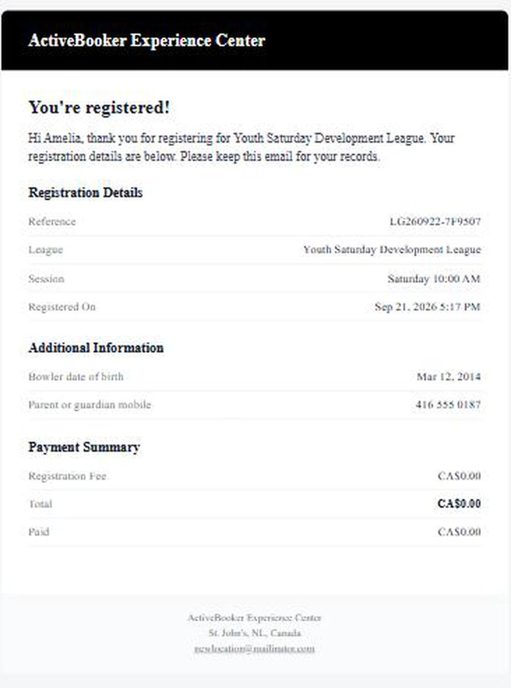 The confirmation email showing registration details, answers, and a payment summary