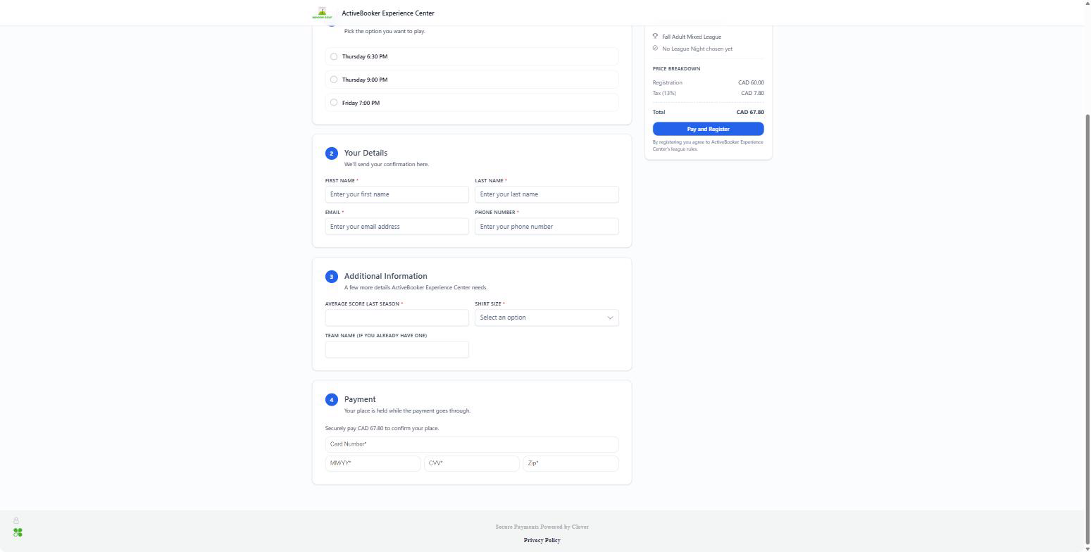 The payment step asking for card number, expiry, CVV, and postal code