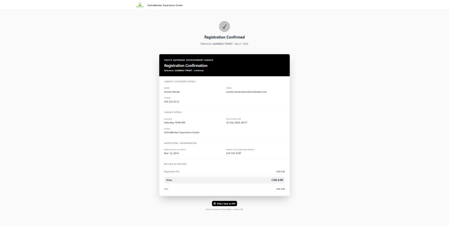 The registration receipt showing the reference, customer details, league details, answers, and pricing