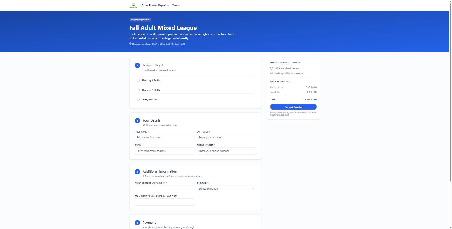The public league registration page with the option list, customer details, questions, and the summary panel