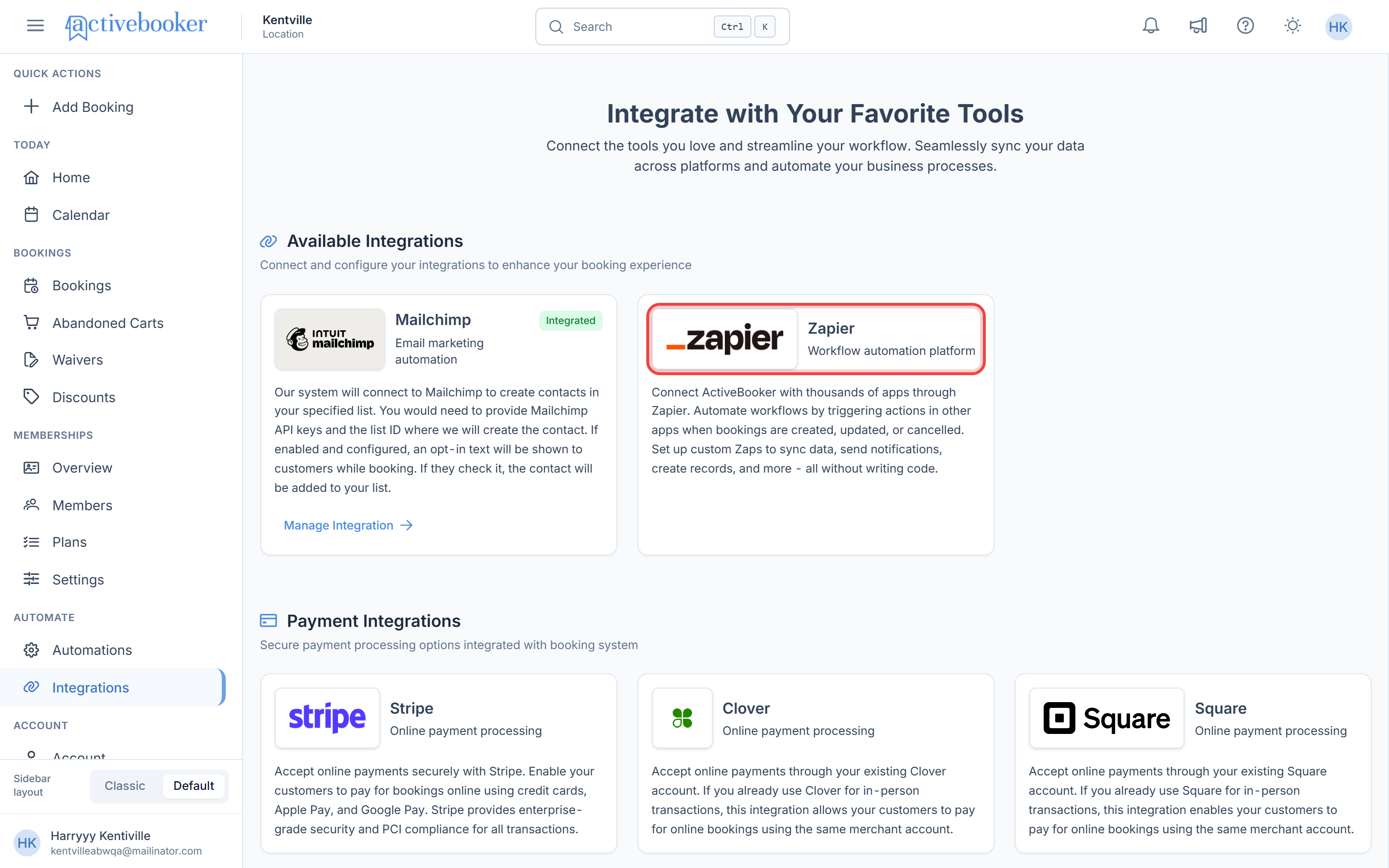 Zapier card on the Integrations page